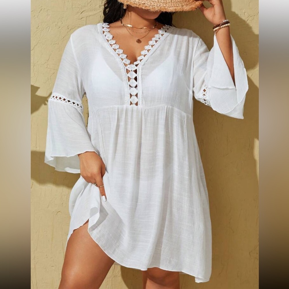 White Lace Trim Swim Cover-Up- 3XL